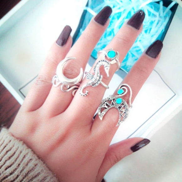 6Pcs Crescent Moon Seahorse Turquoise Ring Set - Picture 2 of 5